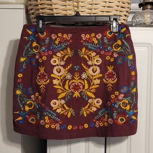 Umgee Mini Skirt  Women's Medium Burgundy Embroidered Floral Tapestry Bohemian